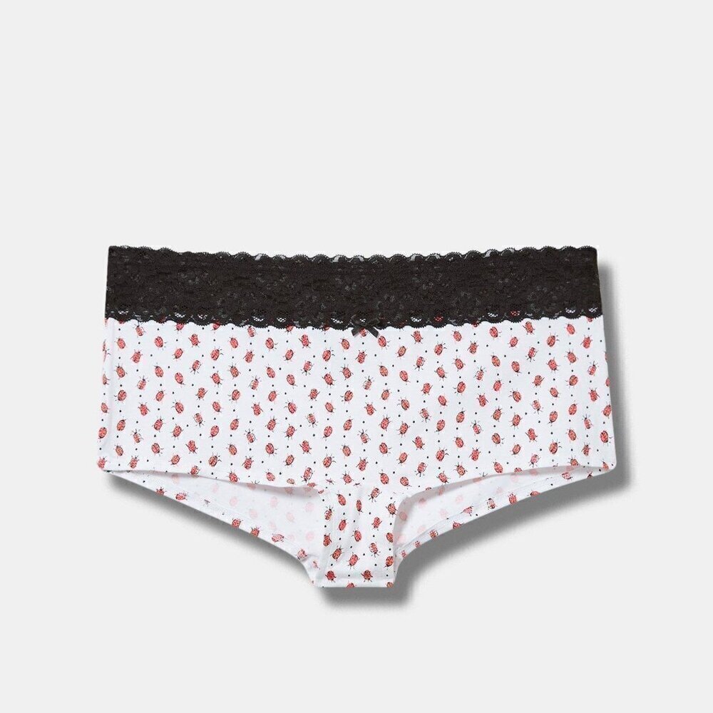 Torrid - Cotton Mid-Rise Boyshort Lace Trim Panty in Lady Bugs, Bright White
